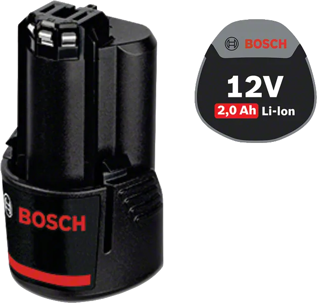 Bosch GBA 12V 2.0Ah Professional battery pack with 12V voltage | 2Ah capacity | 0.18kg weight | 48 x 51 x 85mm dimensions.