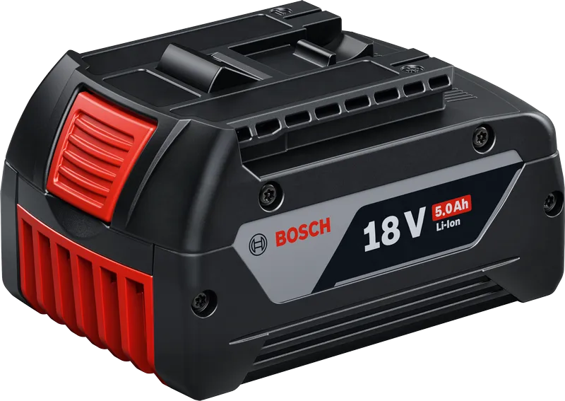 Bosch GBA 18V 5.0Ah Professional battery pack with 18V voltage | 5Ah capacity | 0.635kg weight | 74 x 114 x 56mm compact dimensions.