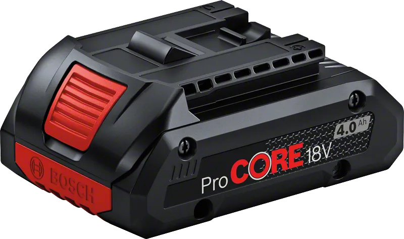 Bosch ProCORE 18V 4.0Ah Professional battery pack with 18V voltage | 4Ah capacity | 0.515kg weight | 50 x 125 x 80mm dimensions.
